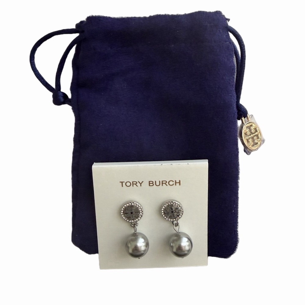 Tory Burch SilverTone Logo Pearl Drop Earrings